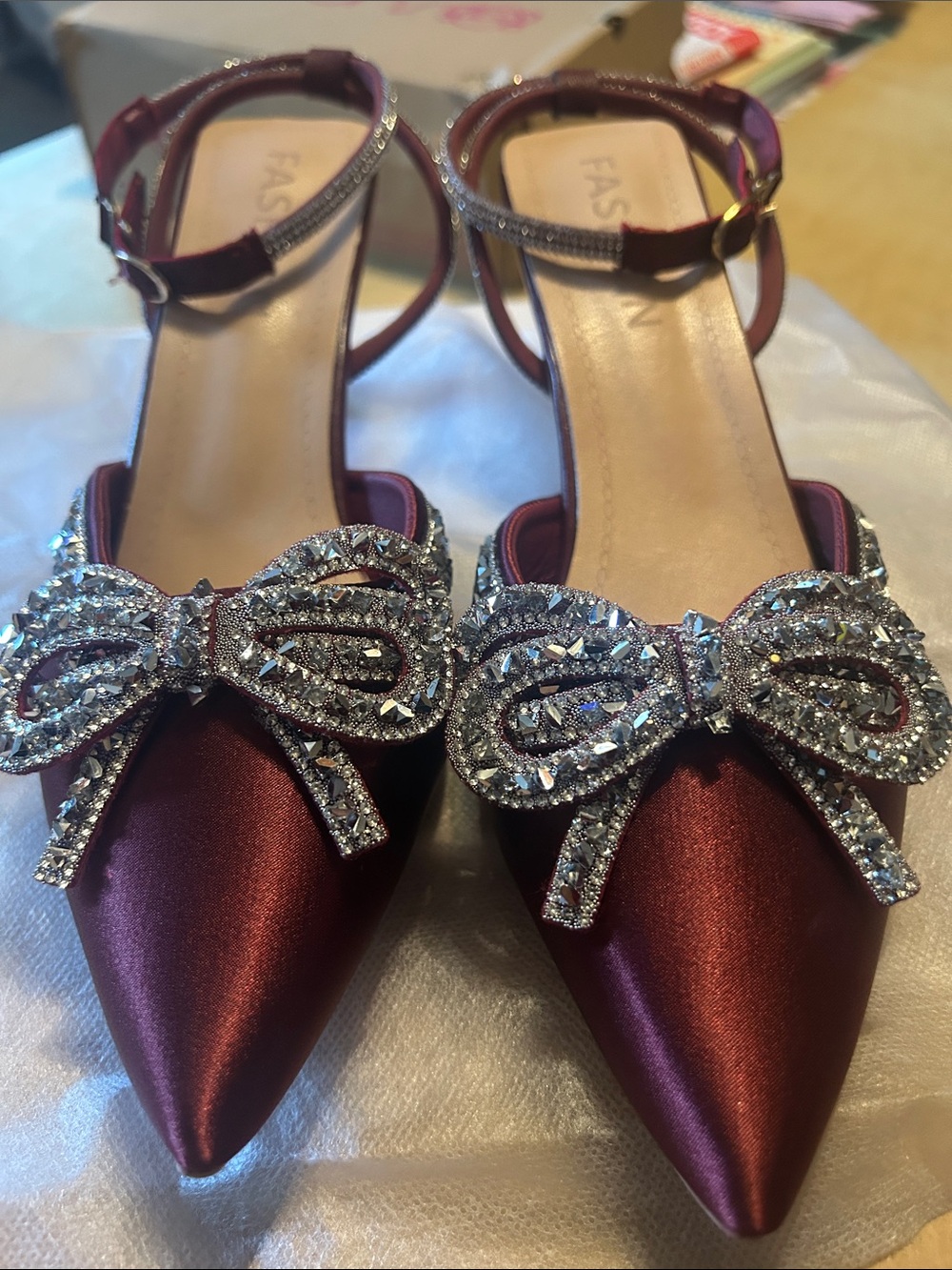 SHEIN Burgundy Satin Pointed Slingback Heels with Crystal Bow